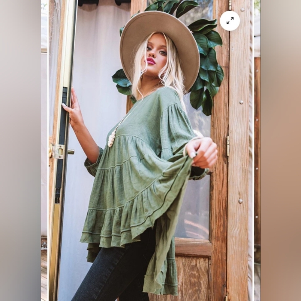 Bohemian Olive Green Tiered Peasant Blouse - Picture 3 of 16